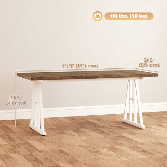 HOMCOM Farmhouse Kitchen Table for 8, Rectangular Dining Table with Thick Tabletop and Steel Trestle Legs, Brown and White