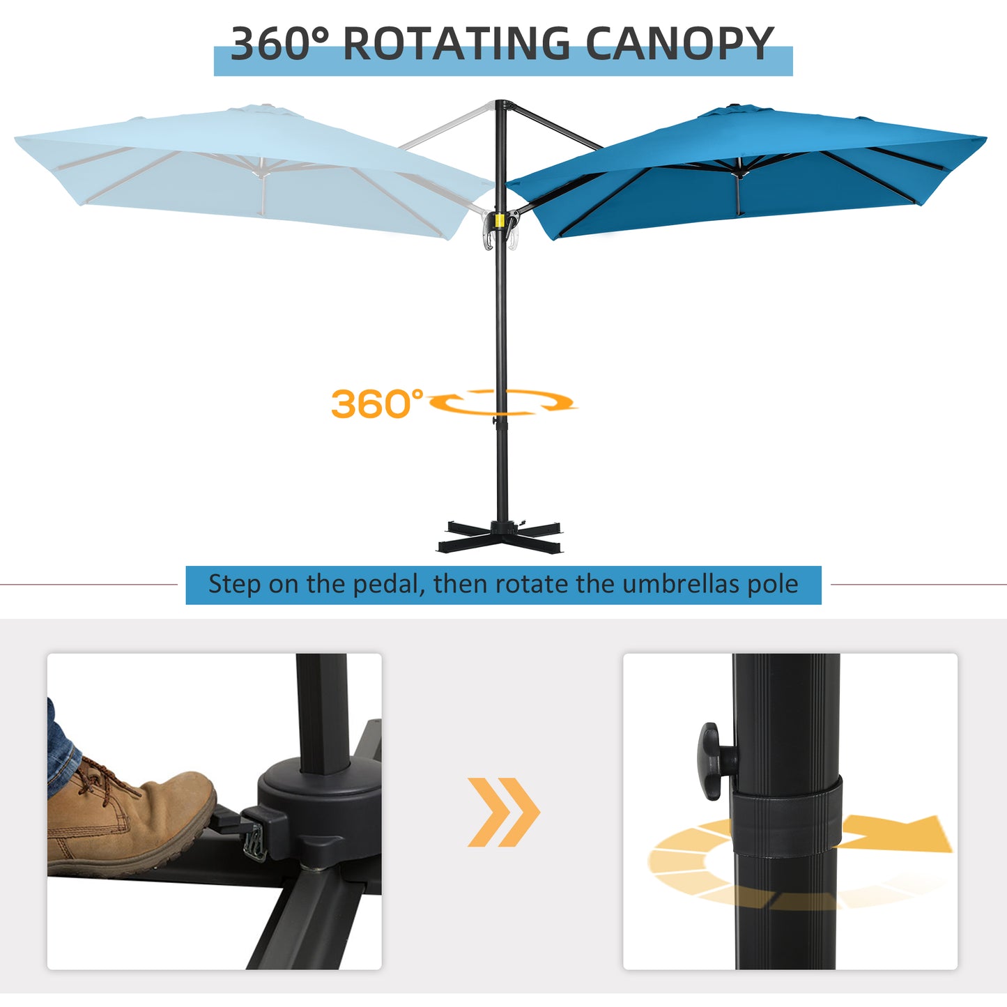Outsunny 8' x 8' Square Patio Hanging Offset Umbrella with 360Â° Rotation, Aluminum Outdoor Cantilever Parasol with Crank & Tilt, Sun Canopy Shelter with Cross Base, Dark Blue