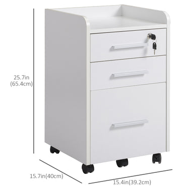 HOMCOM 3 Drawer File Cabinet with Lock and Edged Top, Lockable Filing Cabinet on Wheels for Letter and A4 Size, White