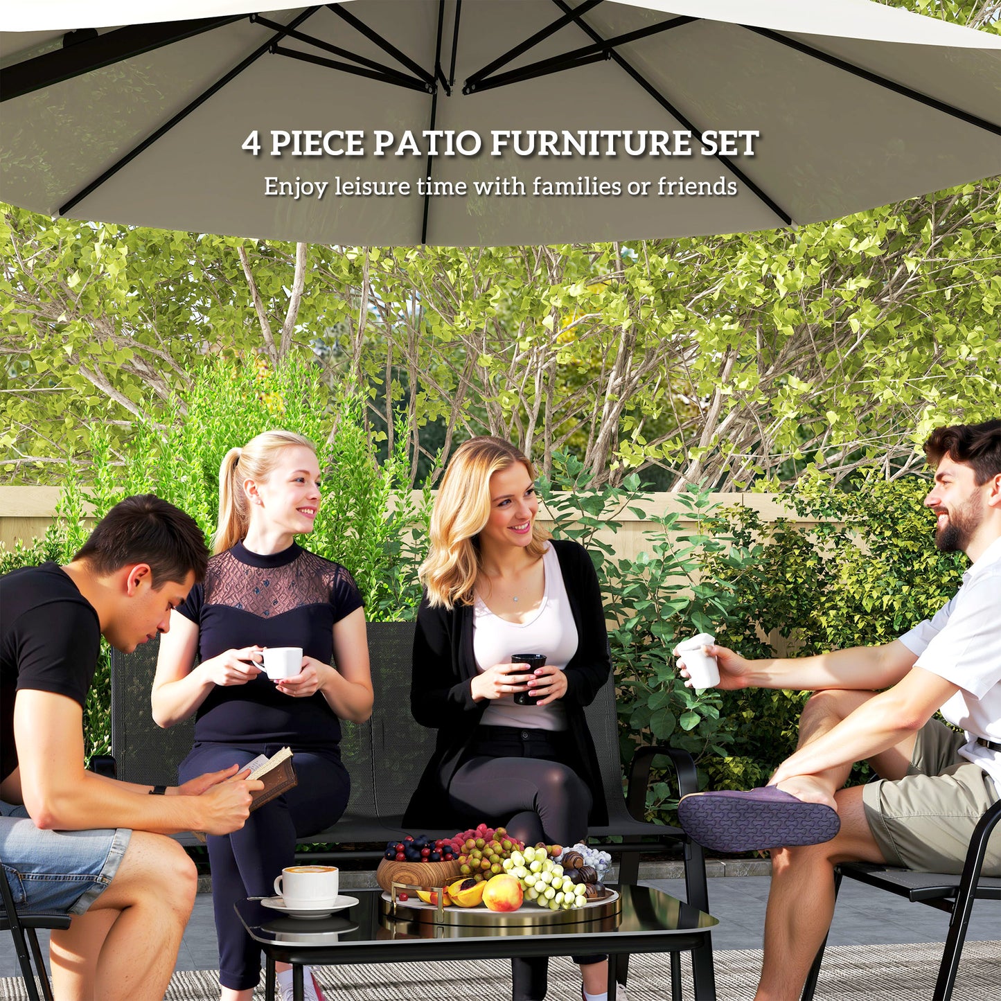 Outsunny 4 Pieces Outdoor Furniture Set with 2 Stackable Chairs, Loveseat, Patio Conversation Set with Glass Coffee Table, Black