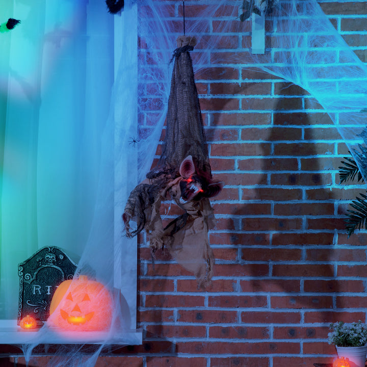 Outsunny 28" Halloween Animated Hanging Bat Opening Month with Glowing LED Eyes, Scary Halloween Decorations, Battery Operated