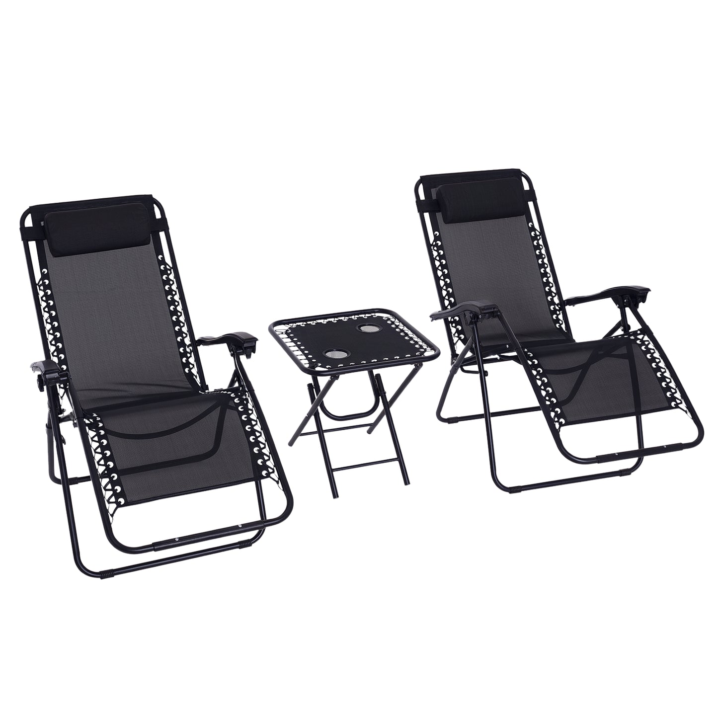 Outsunny Zero Gravity Chair Set of 2 Patio Chair with Side Table Cupholders and Pillows for Pool, Backyard, Lawn, Black