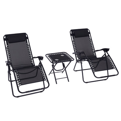 Outsunny Zero Gravity Chair Set of 2 Patio Chair with Side Table Cupholders and Pillows for Pool, Backyard, Lawn, Black