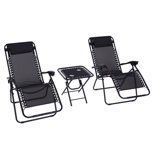 Outsunny Zero Gravity Chair Set of 2 Patio Chair with Side Table Cupholders and Pillows for Pool, Backyard, Lawn, Black