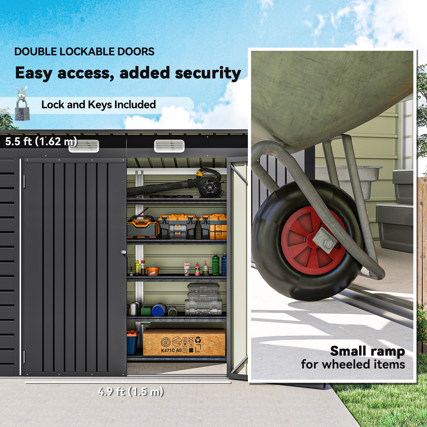 Outsunny 8 x 4FT Galvanized Garden Storage Shed, Metal Outdoor Shed with Double Doors and 2 Vents, Grey