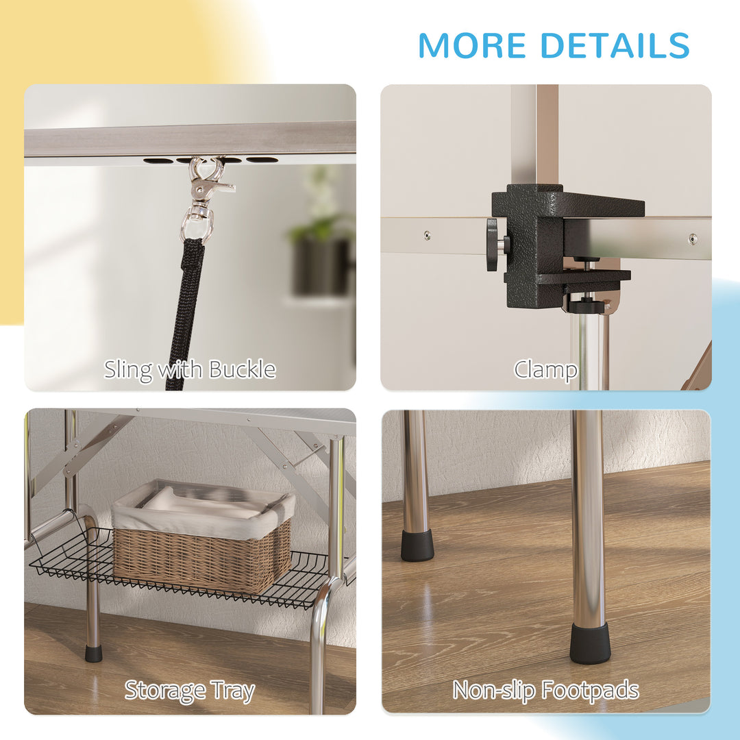 PawHut Adjustable Dog Grooming Table with 2 Safety Slings, Storage Basket, Blue