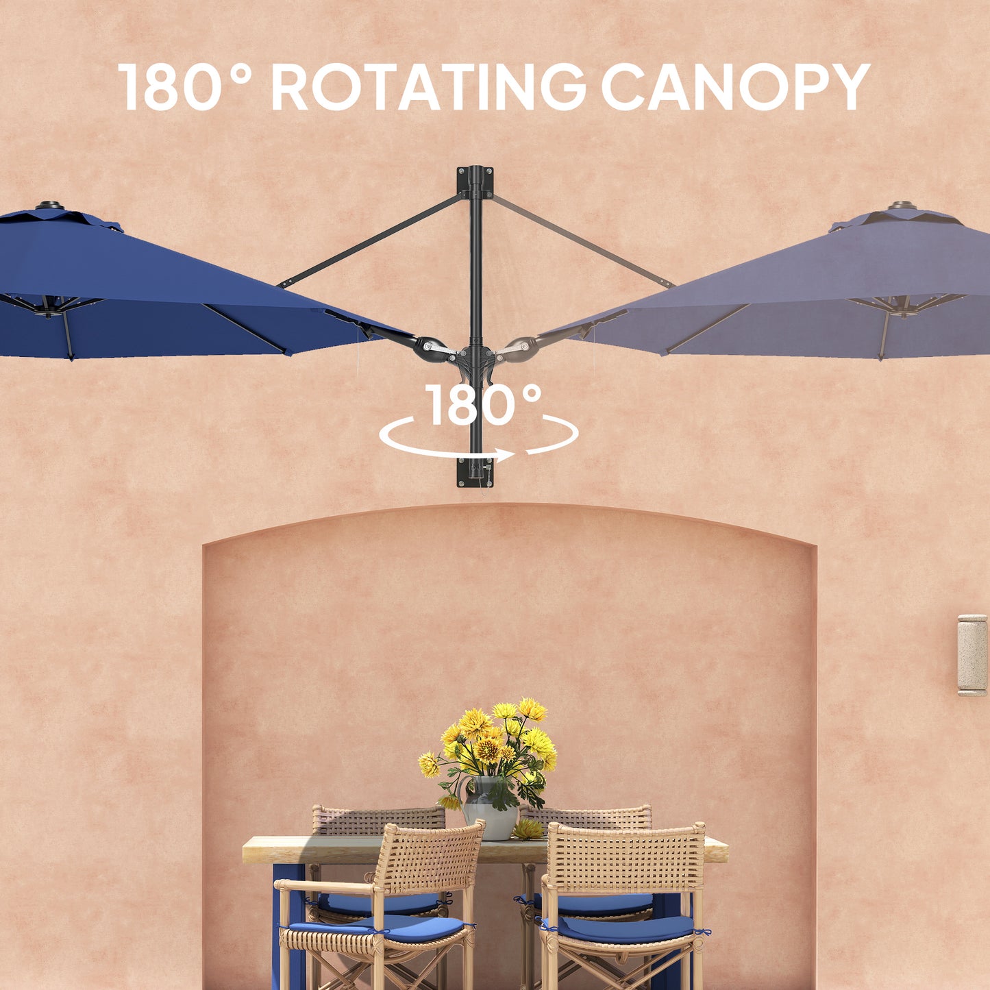 Outsunny 9.6 x 9.6 ft Wall Mounted Umbrella with Rotate, Patio Market Umbrella Parasol for Outdoor with Crank, Charcoal Grey
