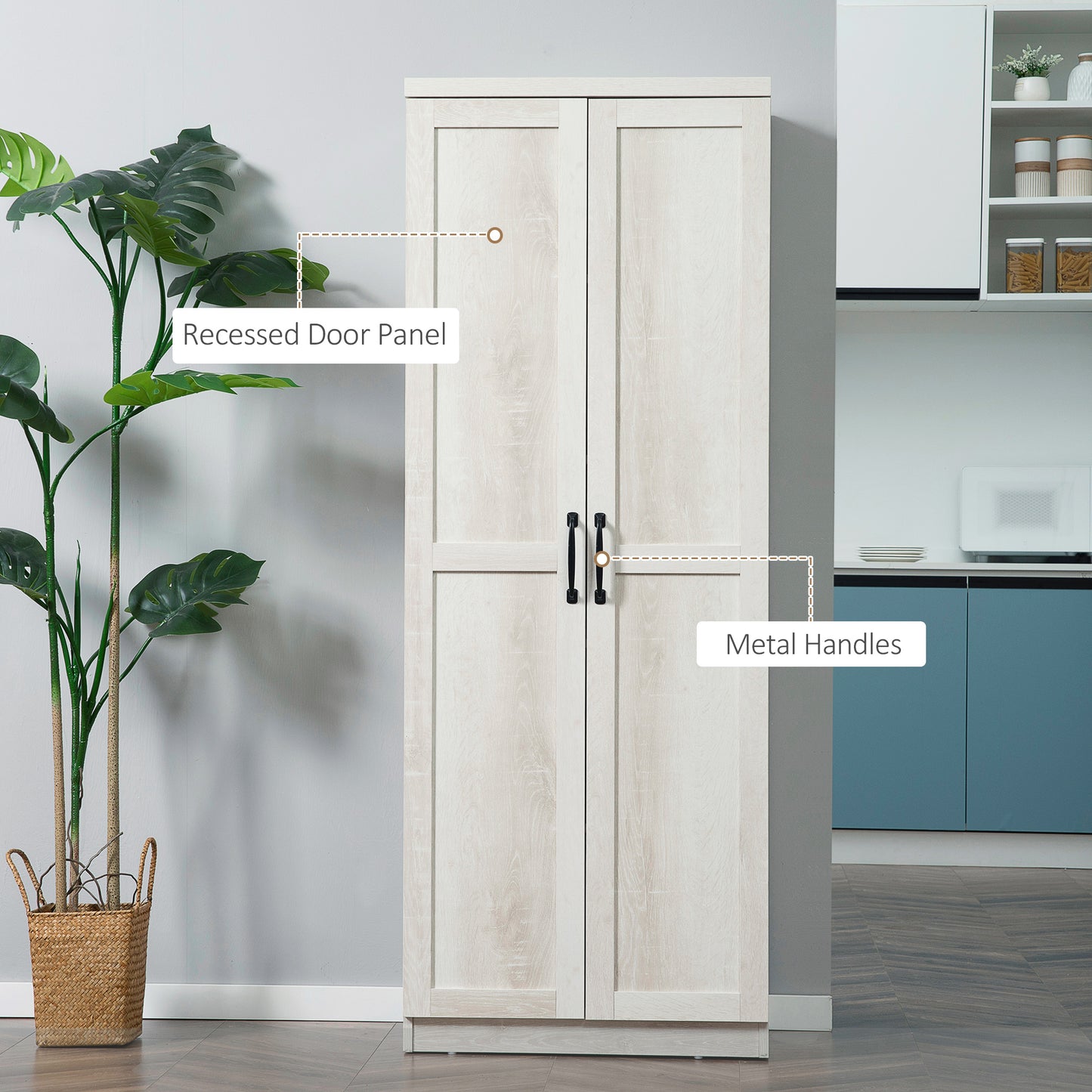 HOMCOM 63" Kitchen Storage Cabinet, 5-tier Pantry Cabinet with Doors and Adjustable Shelves for Dining Room, Distressed White
