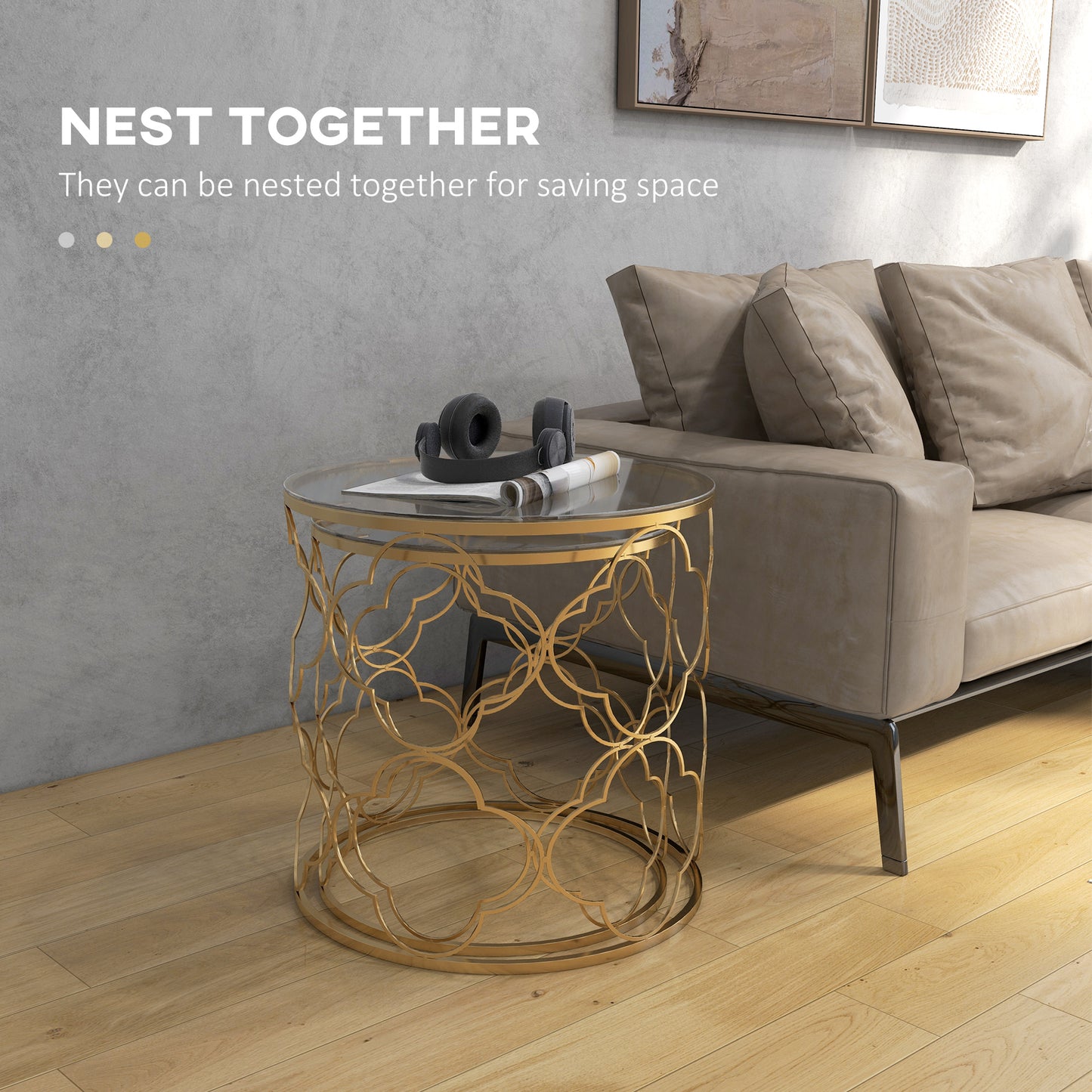 HOMCOM Set of 2 Nesting Table Coffee End Table Set Modern for Living room Furniture Decor Gold Tempered Glass