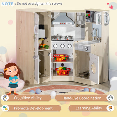 Qaba Wooden Play Kitchen with Lights Sounds, Corner Kids Kitchen Playset with Play Phone, Ice Maker, Microwave, Range Hood, Refrigerator, Utensils, Gift for Ages 3-6 Years Old, White