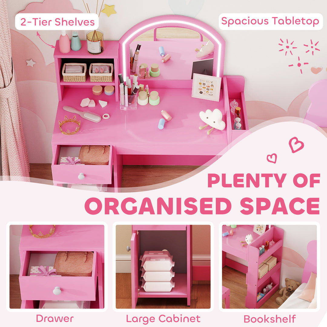 Qaba Kids Vanity Set, Toddler Dressing Table and Chair Set  with Lighted Mirror, Cabinet, Drawer and Shelves, White