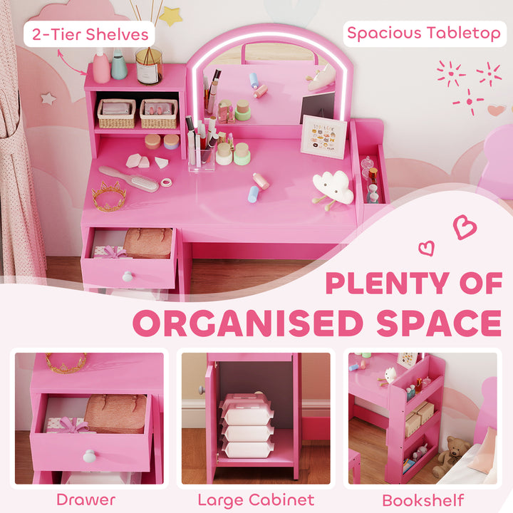 Qaba Kids Vanity Set, Toddler Dressing Table and Chair Set  with Lighted Mirror, Cabinet, Drawer and Shelves, White