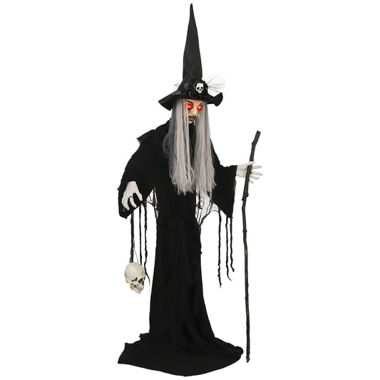 Outsunny Animatronics Standing Witch, Voice-Activated Prop, Sound Activated Moving Head & Flashing Eyes, Easy Setup Indoor, Black