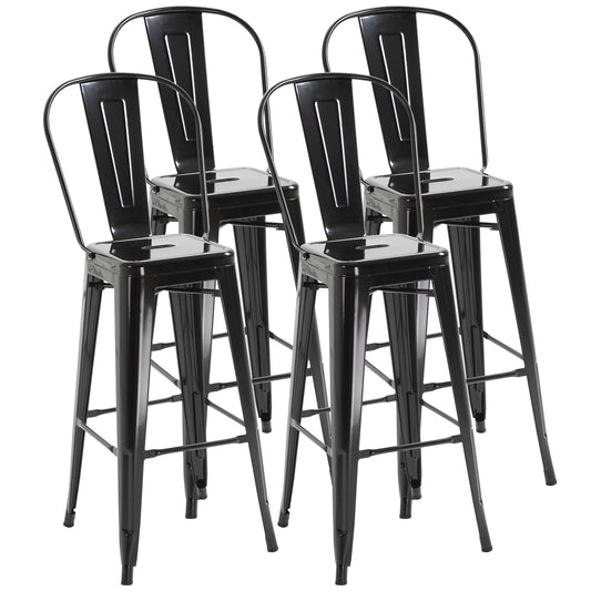 HOMCOM Set of 4 Bar Stools Kitchen Industrial Breakfast Bistro Cafe Metal Frame Black