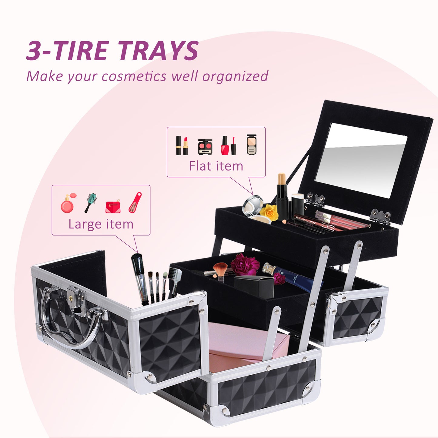 HOMCOM 3 Tier Diamond Texture Makeup Train Case Cosmetic Organizer with Mirror, Black
