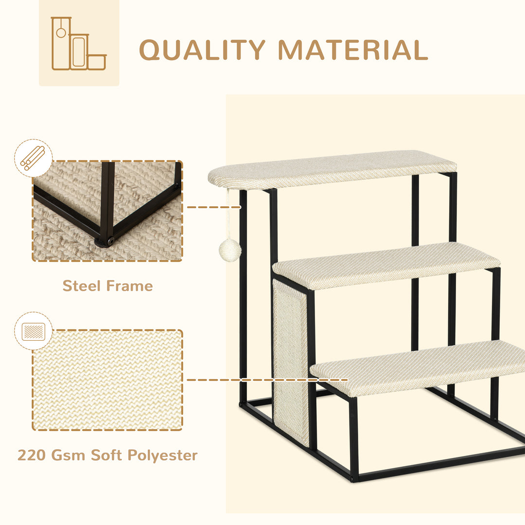 PawHut 20" 3 Steps Cat Stairs, Carpeted Ladder Ramp, Pet Steps with Scratching Board and Hanging Ball for Small Cats, Steel Frame, Cream White