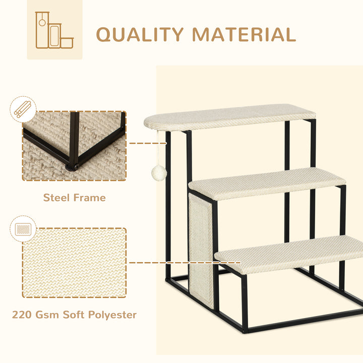 PawHut 20" 3 Steps Cat Stairs, Carpeted Ladder Ramp, Pet Steps with Scratching Board and Hanging Ball for Small Cats, Steel Frame, Cream White
