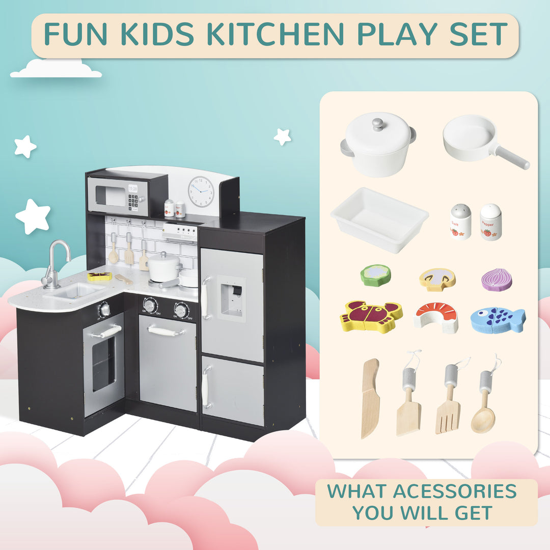 Qaba Kids Kitchen Play Cooking Toy Set for Children with Drinking Fountain, Microwave, Accessories, White