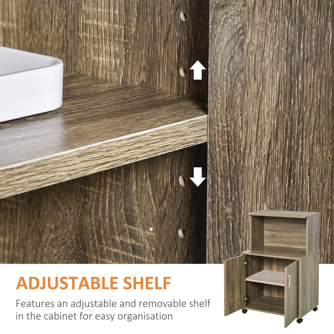 HOMCOM Microwave Cart on Wheels Utility Trolley Storage Sideboard Bookcase with 2-door Cabinet, White Oak