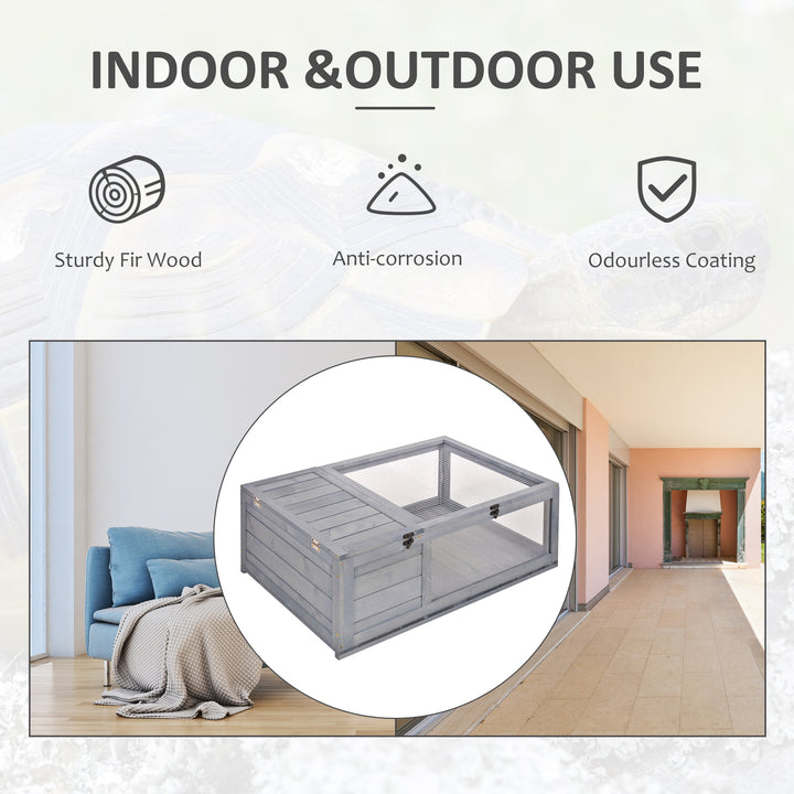 PawHut Wood Tortoise House for Lizards, Geckos, Indoor Outdoor Use, 35.8" x 23.8" x 12.6", Grey