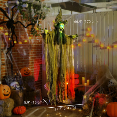 Outsunny Animatronics Hanging Witch, Voice-Activated Prop, Flashing Eyes & Wicked Laughter, Scary Halloween Decoration, Green