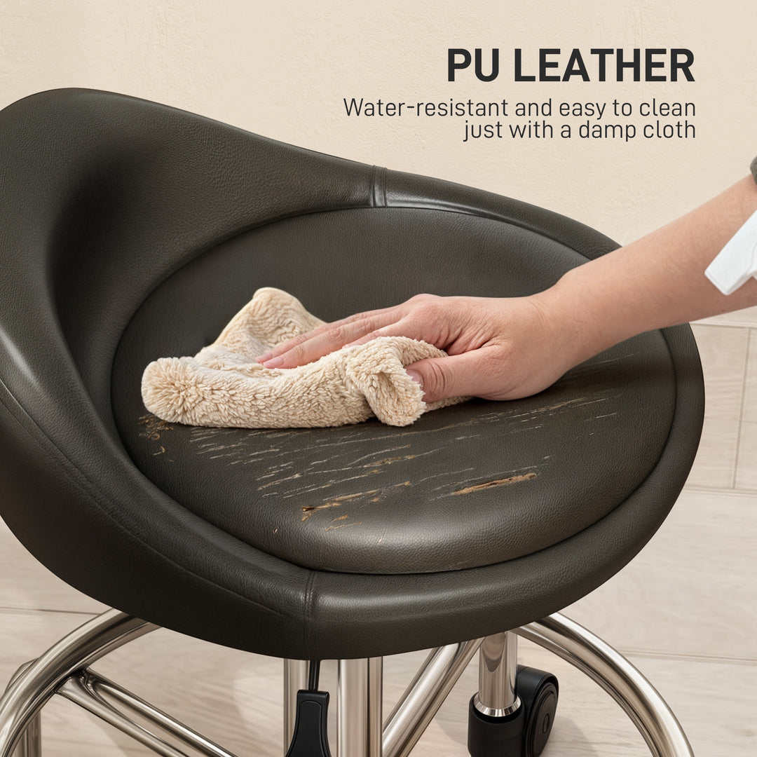 HOMCOM PU Leather Rolling Stool, Height Adjustable Swivel Salon Chair with Backrest and Foot Rest for Spa, Tattoo, Black