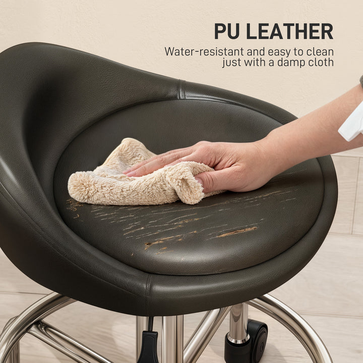 HOMCOM PU Leather Rolling Stool, Height Adjustable Swivel Salon Chair with Backrest and Foot Rest for Spa, Tattoo, Black