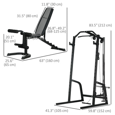 Soozier Smith Machine, Multi-Functional Power Cage w/ Adjustable Bench, Barbell Bar, Cable Pulley System, 15-Level Squat Rack