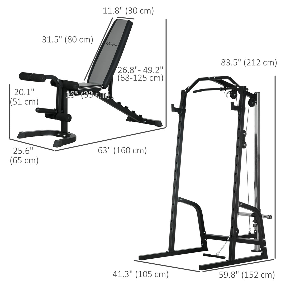 Soozier Smith Machine, Multi-Functional Power Cage w/ Adjustable Bench, Barbell Bar, Cable Pulley System, 15-Level Squat Rack