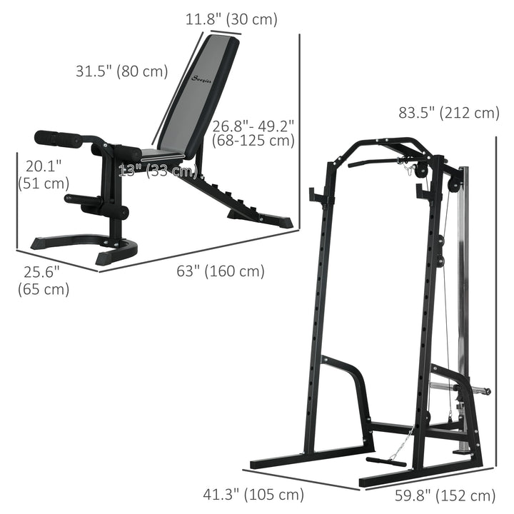 Soozier Smith Machine, Multi-Functional Power Cage w/ Adjustable Bench, Barbell Bar, Cable Pulley System, 15-Level Squat Rack