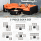 Outsunny 7pcs Garden Wicker Sectional Set w/ Tea Table Patio Rattan Lounge Sofa with Cushion for Outdoor Deck Orange