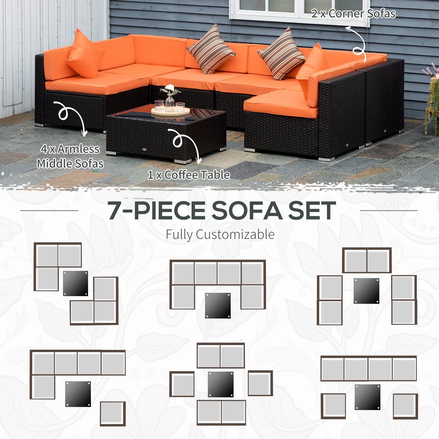 Outsunny 7pcs Garden Wicker Sectional Set w/ Tea Table Patio Rattan Lounge Sofa with Cushion for Outdoor Deck Orange