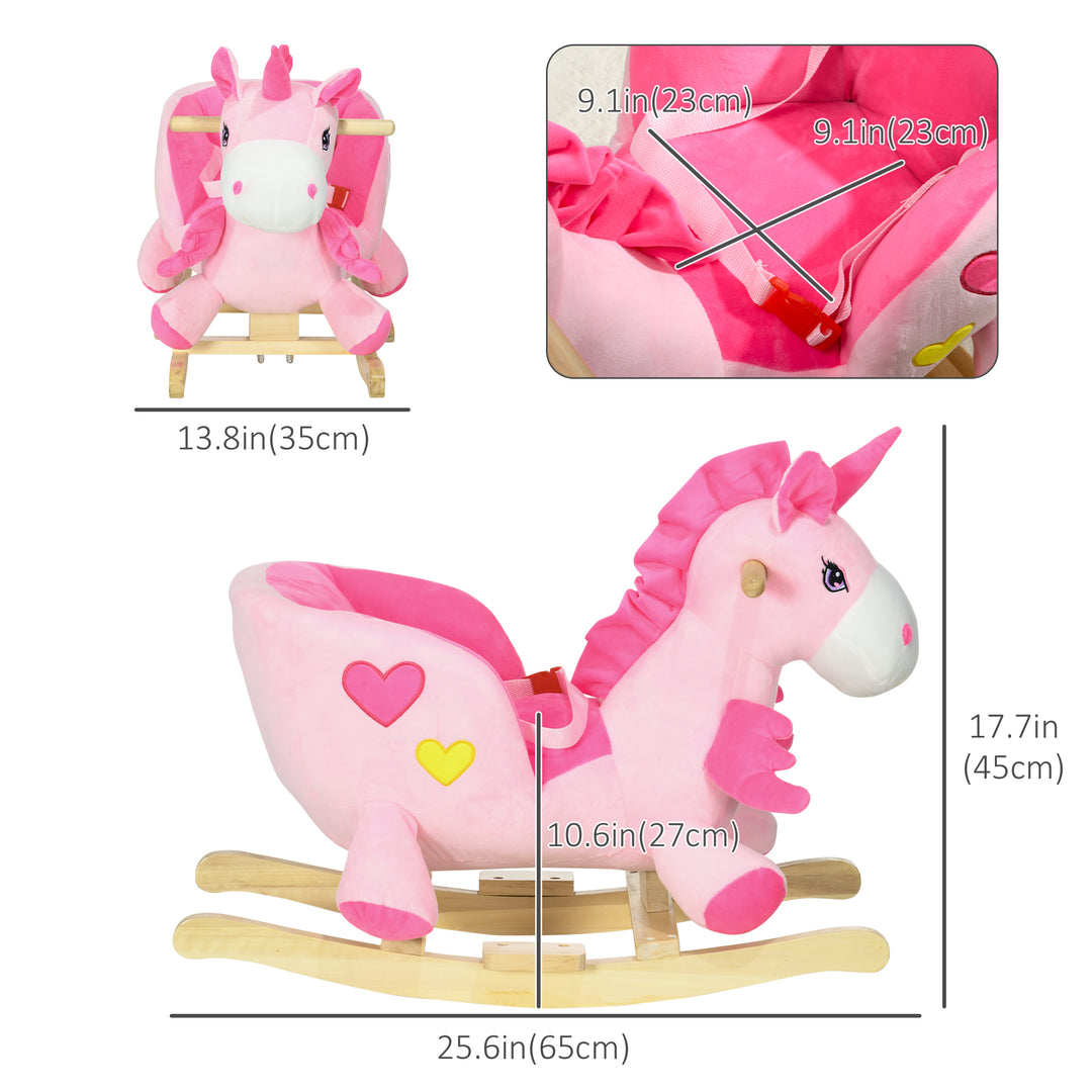 Qaba Baby Rocking Horse Ride On Unicorn with Songs, Toddler Rocker Toy with Wooden Base Seat Safety Belt for 1.5-3 Year Old, Pink