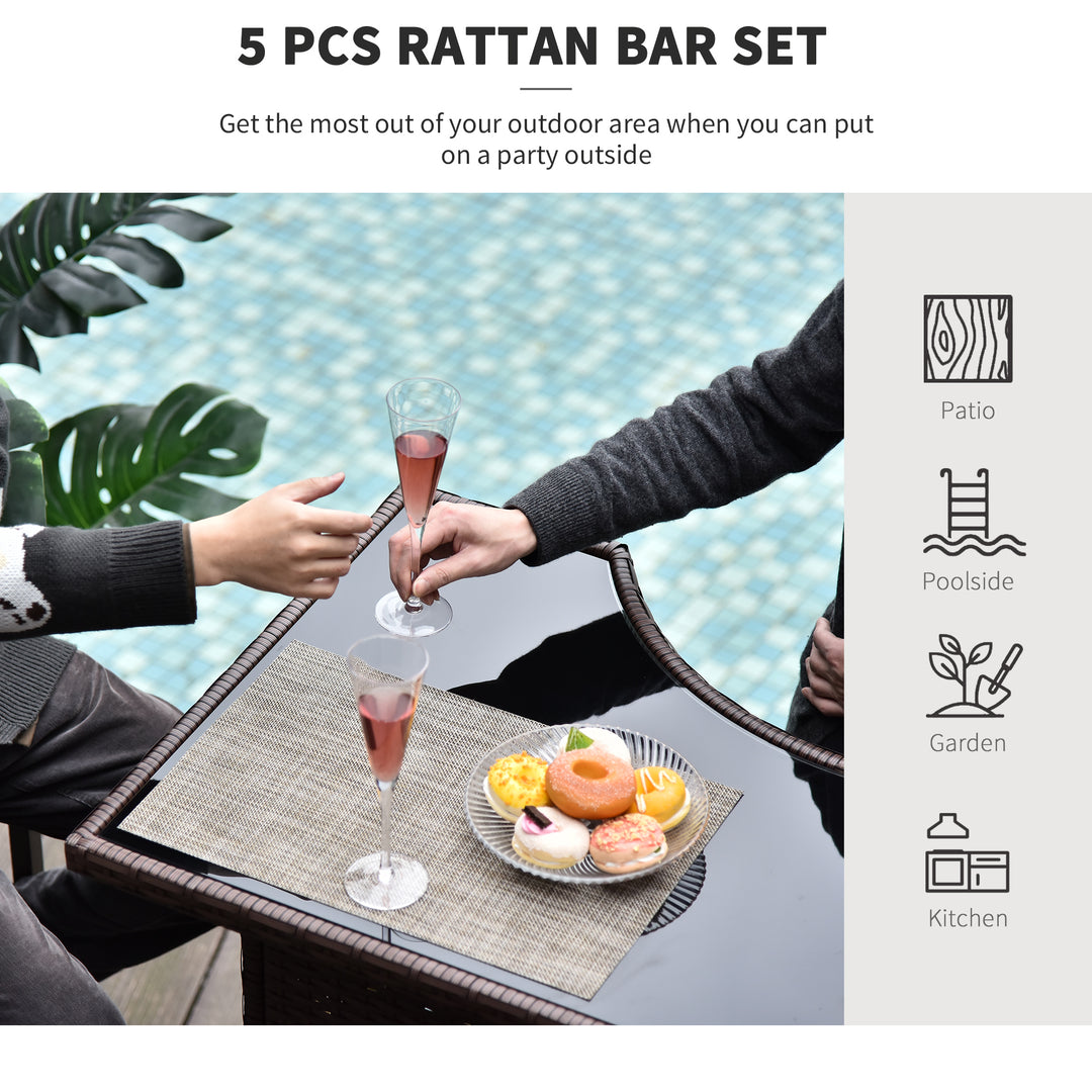 Outsunny 5 Pieces Patio Bar Set, Outdoor PE Rattan Wicker High Top Outdoor Table and Chairs Outdoor Bar Set with Tempered Glass Top Bar Table and Shelves, 4 Bar Chairs, Dark Brown