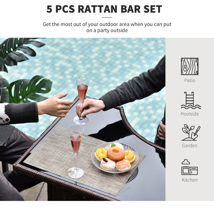Outsunny 5 Pieces Patio Bar Set, Outdoor PE Rattan Wicker High Top Outdoor Table and Chairs Outdoor Bar Set with Tempered Glass Top Bar Table and Shelves, 4 Bar Chairs, Dark Brown