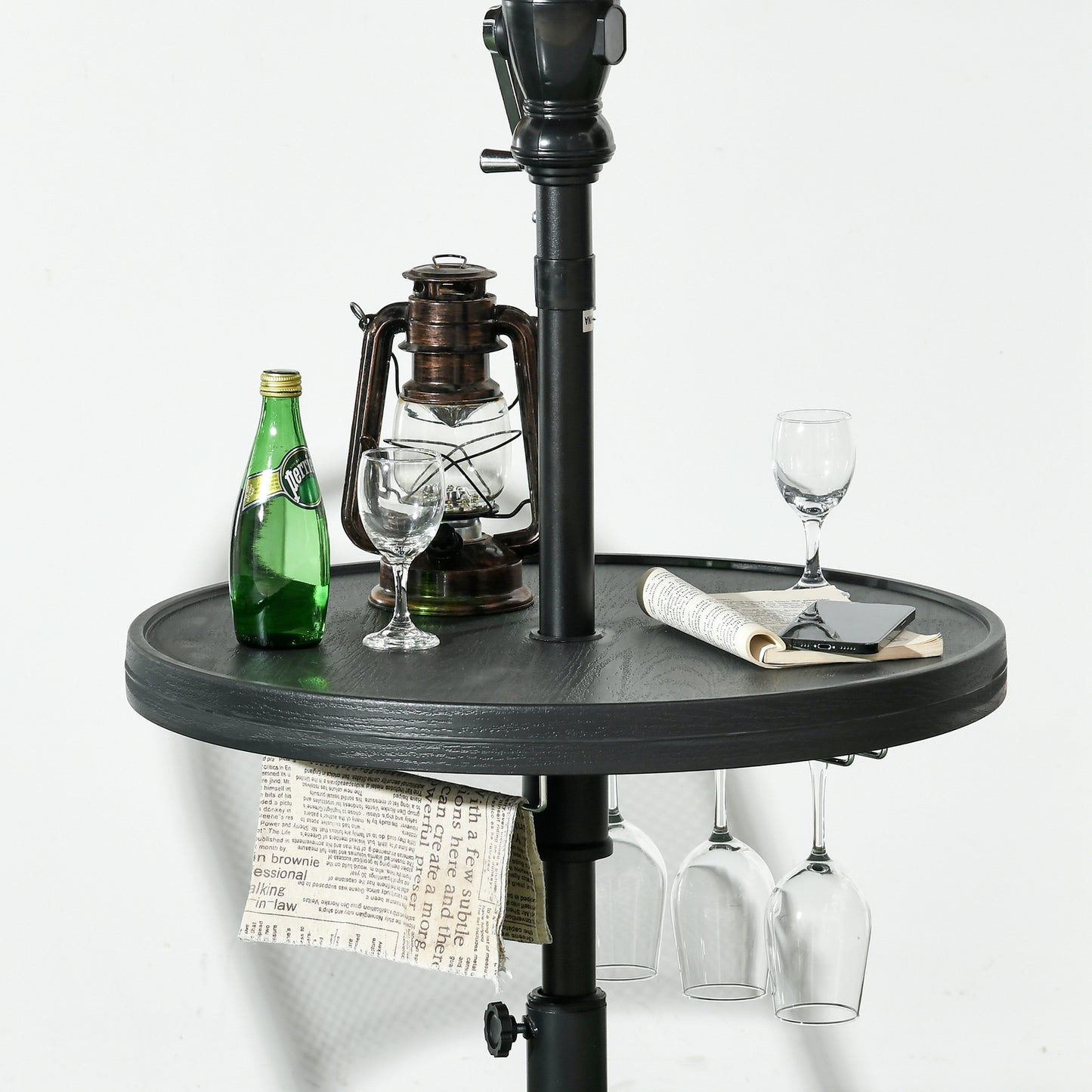 Outsunny Beach Umbrella Table Tray with Wine Glass Holder and Foldable Towel Rack, 23.6", Black