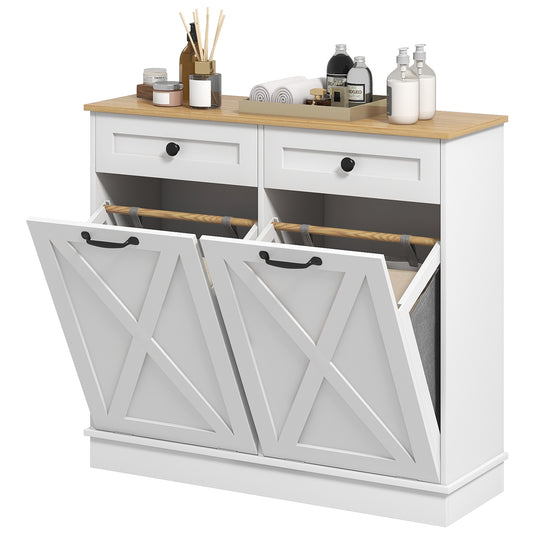 HOMCOM Tilt Out Laundry Cabinet, Bathroom Storage Cabinet with 2 Removable Baskets and 2 Drawers, White