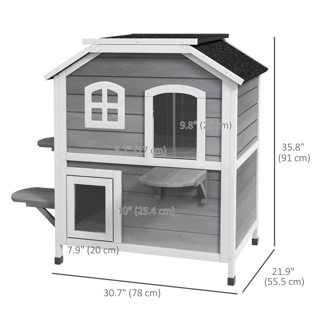 PawHut 2-Storey Outdoor Cat House, Wooden Catio with Openable Roof, Lounge Space, Fun Entrances, for Feral Cats, Yellow