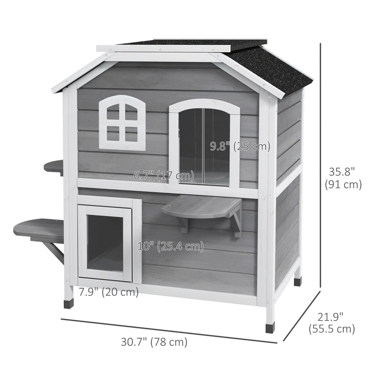 PawHut 2-Storey Outdoor Cat House, Wooden Catio with Openable Roof, Lounge Space, Fun Entrances, for Feral Cats, Yellow