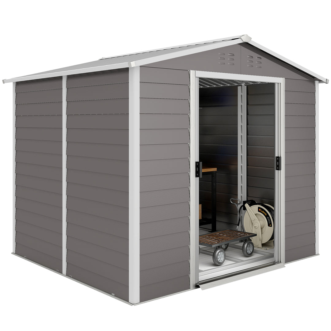 Outsunny 8' x 7' Outdoor Storage Shed, Galvanized Steel Metal Garden Shed with Lockable Doors, Floor Frame, Vents, Lock and Gloves for Backyard, Lawn, Patio, Teak