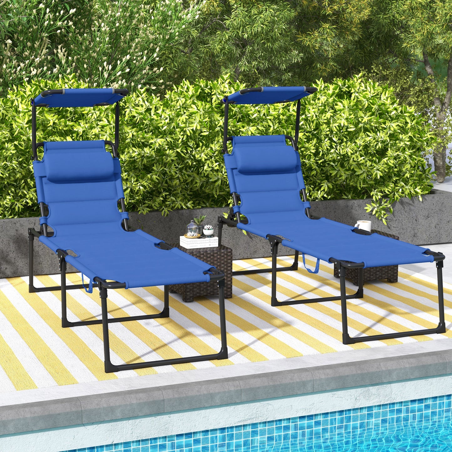 Outsunny Folding Chaise Lounge with Adjustable Sunroof, Outdoor Quick Dry Padded Tanning Chairs with Headrest, Reclining Back Outdoor Lounge Chair, for Beach, Yard, Patio, Blue