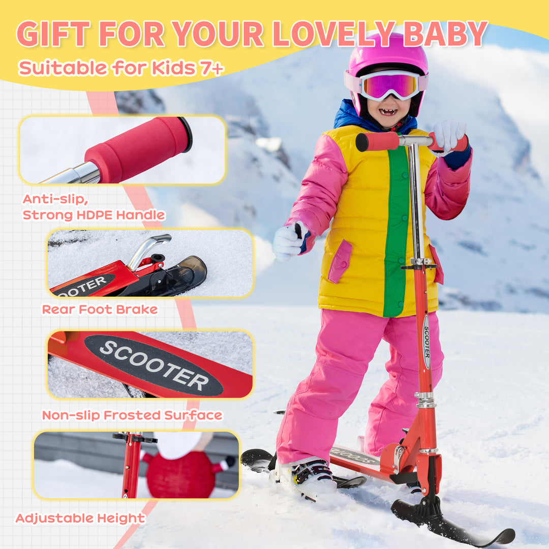 Qaba Snow Scooter, 2 in 1 Design Adjustable Height Scooter Snow Sled for Kids Aged Over 7 Years Old, Kids Sled Ski Scooter with Wheels Blades, Green