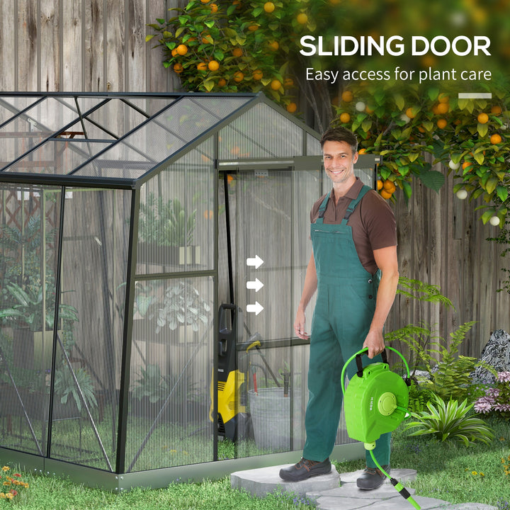 Outsunny 6' x 8' Walk-in Polycarbonate Greenhouse Aluminium Green House with Sliding Door, 5-Level Roof Vent, Rain Gutter