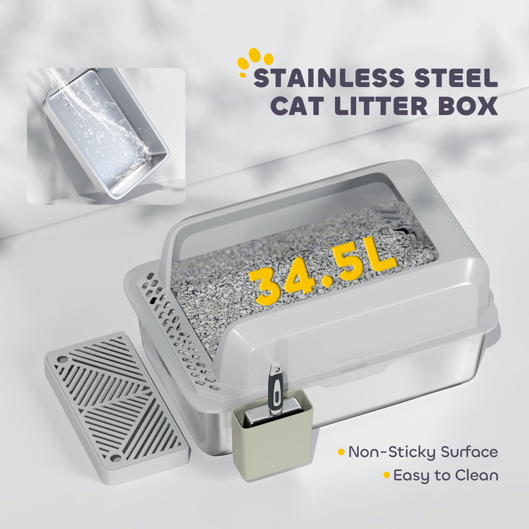 PawHut Stainless Steel Cat Litter Box High Sided with Metal Scoop & Holder, Non-Sticky, Easy to Clean, Anti-Urine Leakage