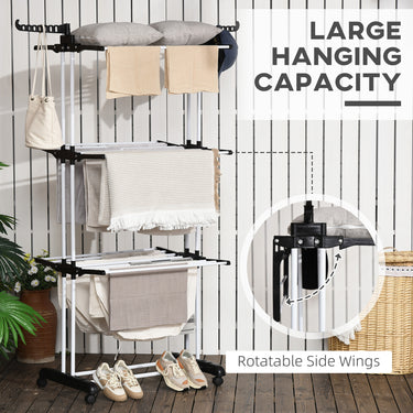 HOMCOM Foldable Clothes Drying Rack, 4-Tier Steel Laundry Rack for Drying Clothes with 2 Side Wings and 4 Castors, Indoor and Outdoor Use, Black