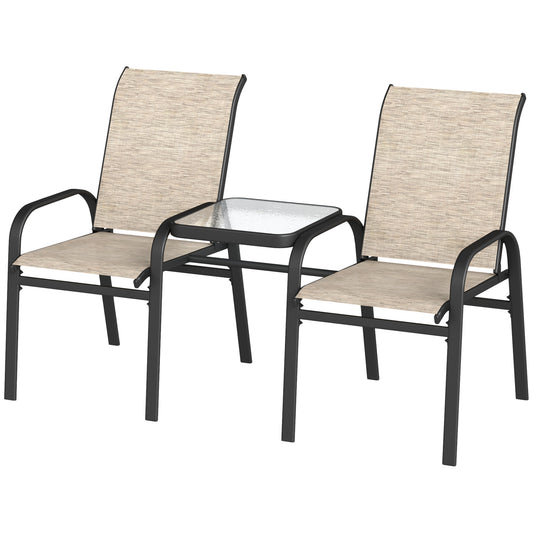 Outsunny Outdoor Loveseat with Glass Table, Garden Patio Bench with Breathable Mesh Seat, High Back, Armrests, Brown