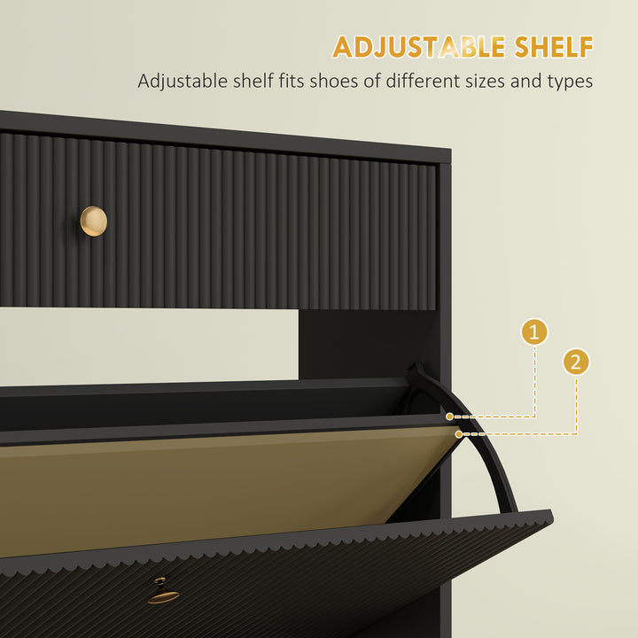 HOMCOM Narrow Shoe Storage Cabinet with Wave-like Panels and Adjustable Shelves for 12 Pairs of Shoes, Black