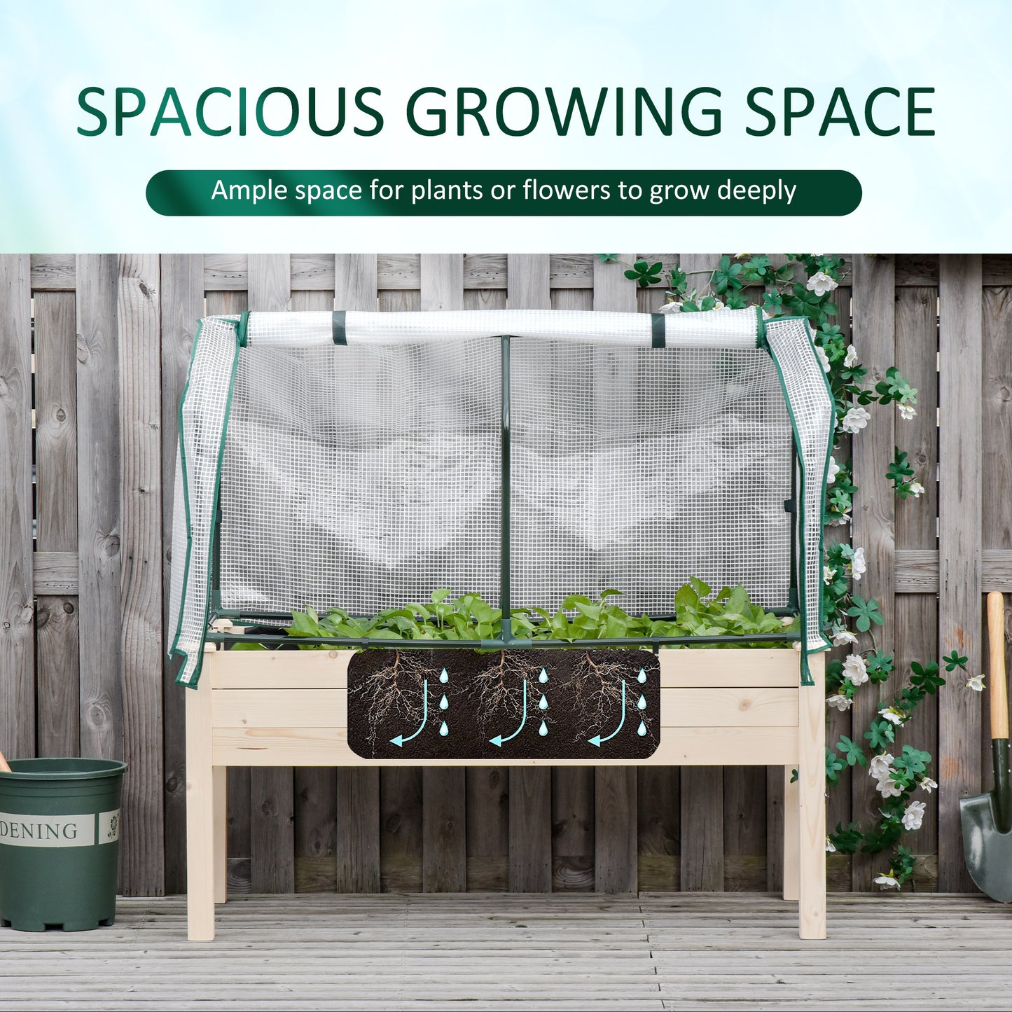 Outsunny Raised Garden Bed with PE Greenhouse Cover Outdoor Elevated Wood Planter Box for Herbs and Vegetables, Use for Patio, Backyard, Balcony, 48 x 22 x 46 inch, Natural