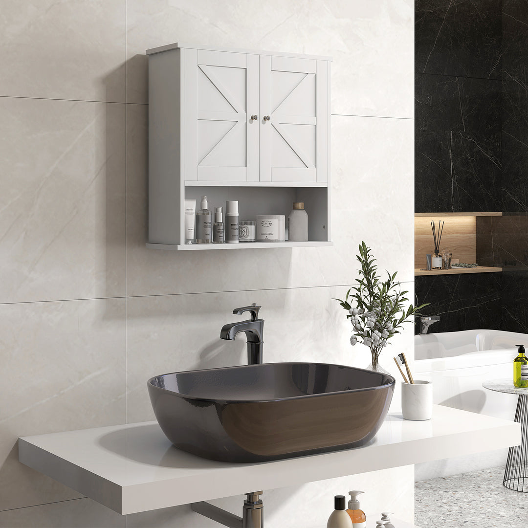 kleankin Farmhouse Bathroom Medicine Cabinet, Wall Cabinet with Barn Doors, and Adjustable Shelf for Laundry Room, White