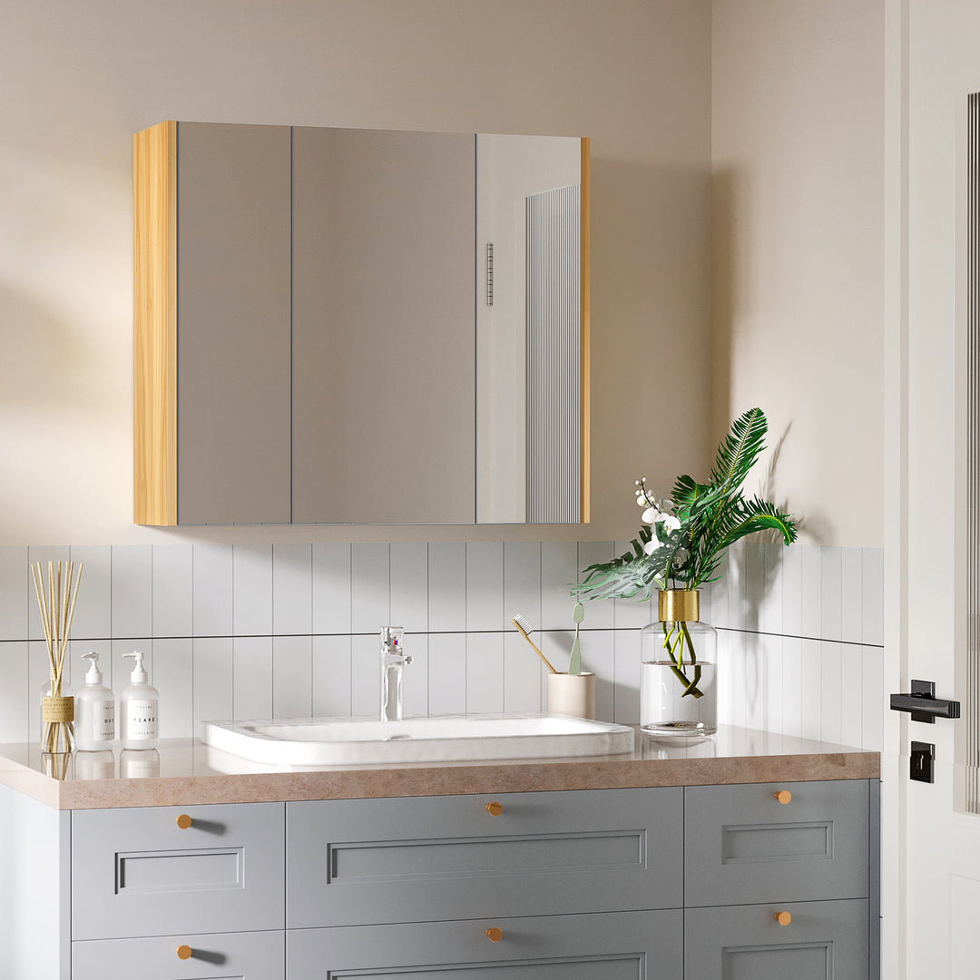 kleankin Wall Mounted Medicine Cabinet with Mirror Wall Mirror Cabinet with 3 Doors and Adjustable Storage Shelves Gray